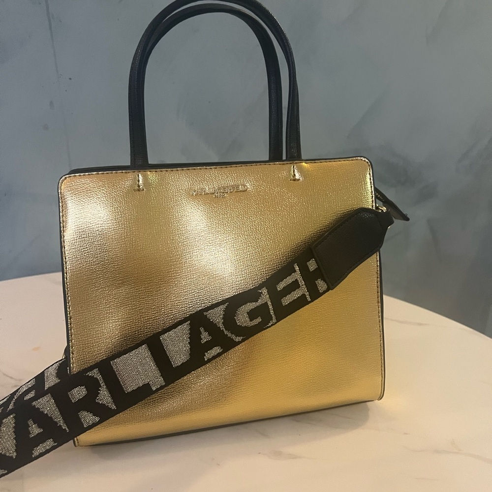 Karl Lagerfeld gold metallic handbag with black handlles & shoulder strap - Picture 4 of 11